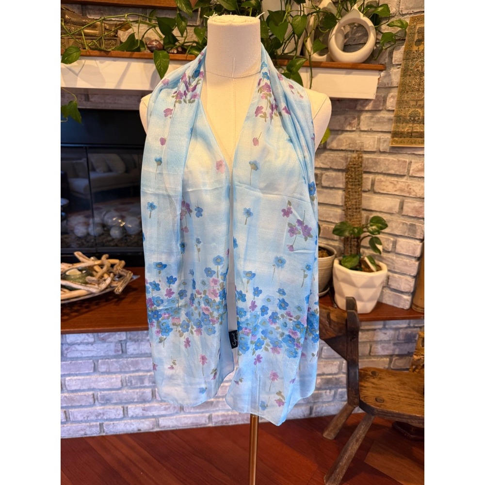 Cejon Sheer Floral Scarf Vintage Coquette Cottage | Blue | 60"L 15"W